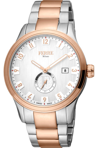 Front view of Ferre Milano FM1G155M0081 Grey Dial Rose Gold Stainless Steel Mens Watch on white background