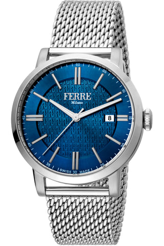 Front view of Ferre Milano FM1G156M0051 Blue Dial Grey Stainless Steel Mens Watch on white background