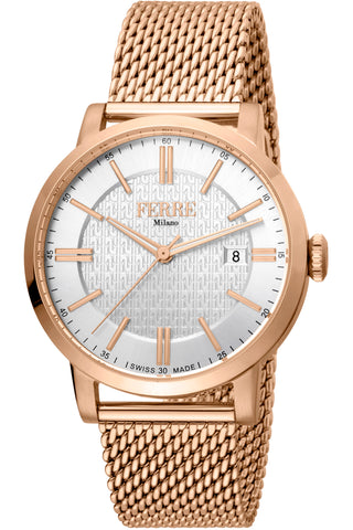 Front view of Ferre Milano FM1G156M0061 Grey Dial Rose Gold Stainless Steel Mens Watch on white background