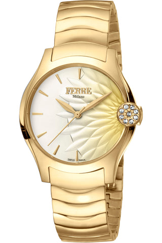 Front view of Ferre Milano FM1L121M0061 Gold Stainless Steel Womens Watch on white background