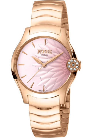 Front view of Ferre Milano FM1L121M0081 Pink Dial Rose Gold Stainless Steel Womens Watch on white background