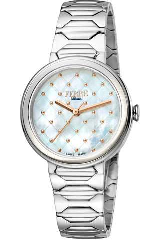 Front view of Ferre Milano FM1L124M0051 Mother Of Pearl Dial Grey Stainless Steel Womens Watch on white background