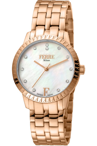 Front view of Ferre Milano FM1L128M0251 Mother Of Pearl Dial Rose Gold Stainless Steel Womens Watch on white background