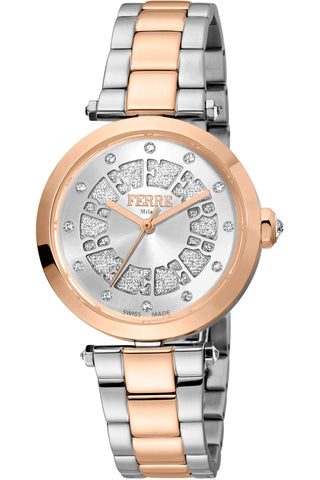 Front view of Ferre Milano FM1L133M0061 Grey Dial Rose Gold Stainless Steel Womens Watch on white background