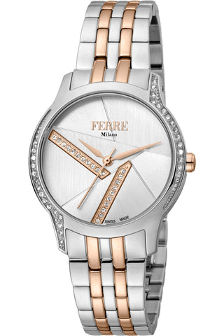 Front view of Ferre Milano FM1L145M0101 Grey Dial Rose Gold Stainless Steel Womens Watch on white background