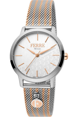 Front view of Ferre Milano FM1L152M0111 Grey Dial Rose Gold Stainless Steel Womens Watch on white background