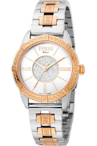 Front view of Ferre Milano FM1L170M0101 Grey Dial Rose Gold Stainless Steel Womens Watch on white background