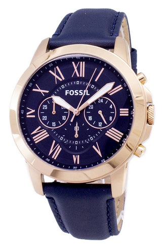 Front view of Fossil Grant Chronograph FS4835 Blue Leather Mens Watch on white background