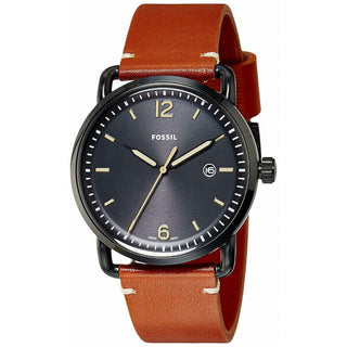 Front view of Fossil Couter Three Hand Date FS5276 Black Dial Brown Leather Mens Watch on white background