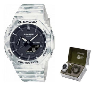 Front view of Casio G-Shock GAE-2100GC-7AER Black Dial White Resin Mens Watch on white background