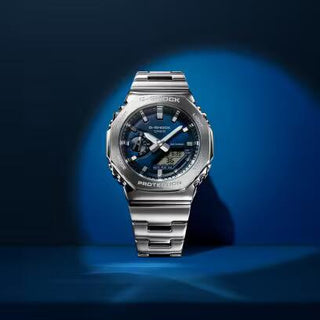 Angle shot of Casio Oak G-Steel Petrol Blue GM-2110D-2BER Mens Watch on white background