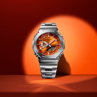 Angle shot of Casio Oak G-Steel Vivid Orange GM-2110D-4AER Mens Watch on white background