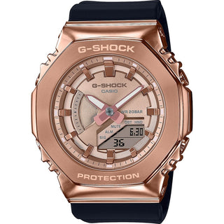 Front view of Casio G-Shock GM-S2100PG-1A4ER Rose Gold Dial Black Resin Mens Watch on white background