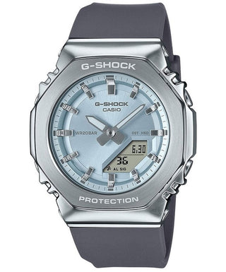 Front view of Casio Mini Oak G-Steel Light Blue GM-S2110-2AER Womens Watch on white background