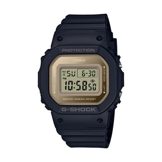 Front view of Casio G-Shock GMD-S5600-1ER Gold Dial Black Resin Womens Watch on white background