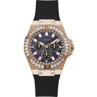 Front view of Guess Venus Diamonds GW0118L2 Black Silicone Womens Watch on white background