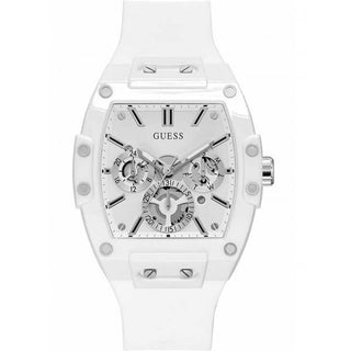 Front view of Guess Phoenix Multifunction GW0203G2 White Silicone Mens Watch on white background