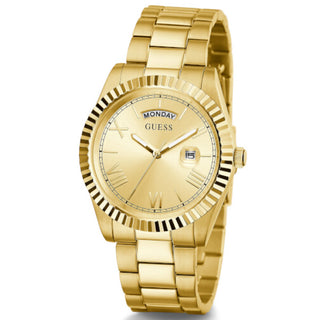 Front view of Guess Connoisseur GW0265G2 Gold Stainless Steel Mens Watch on white background