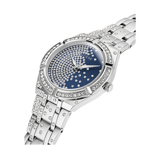 Angle shot of Guess GW0312L1 Blue Dial Grey Stainless Steel Womens Watch on white background