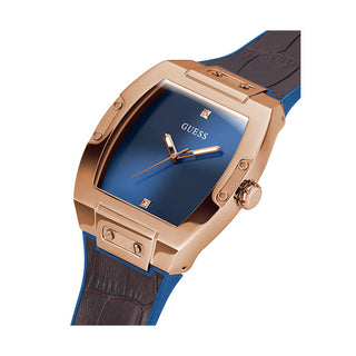 Angle shot of Guess GW0386G2 Blue Dial Brown Rubber Unisex Watch on white background