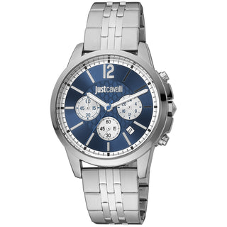 Front view of Just Cavalli Sport JC1G175 Crono Classe Chronograph JC1G175M0265 Blue Dial Grey Stainless Steel Mens Watch on white background