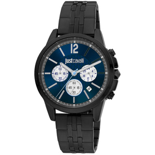 Front view of Just Cavalli Sport JC1G175 Crono Classe Chronograph JC1G175M0275 Blue Dial Black Stainless Steel Mens Watch on white background