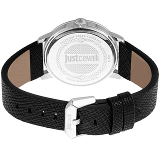 Angle shot of Just Cavalli Young JC1G216 Regolare JC1G216L0015 Grey Dial Black Leather Mens Watch on white background