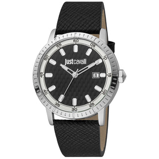 Front view of Just Cavalli Young JC1G216 Regolare JC1G216L0015 Grey Dial Black Leather Mens Watch on white background