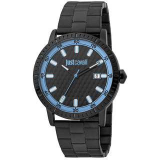 Front view of Just Cavalli Young JC1G216 Regolare JC1G216M0075 Blue Dial Black Stainless Steel Mens Watch on white background