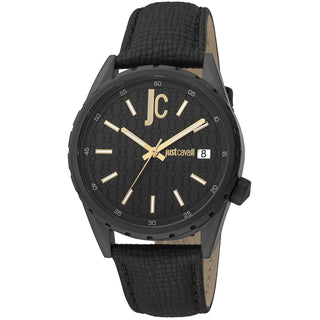 Front view of Just Cavalli Relaxed JC1G217 Casuale JC1G217L0045 Black Leather Mens Watch on white background