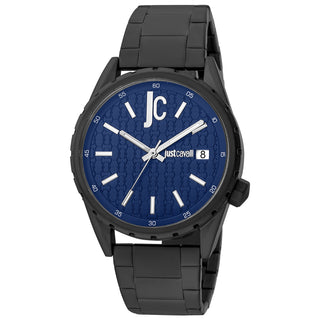 Front view of Just Cavalli Relaxed JC1G217 Casuale JC1G217M0085 Blue Dial Black Stainless Steel Mens Watch on white background