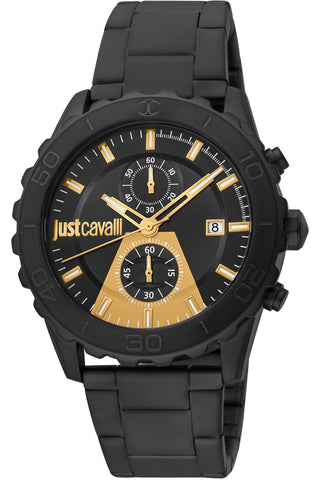 Front view of Just Cavalli Young JC1G242 Sport Chronograph JC1G242M0075 Black Stainless Steel Mens Watch on white background