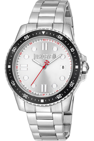 Front view of Just Cavalli Young JC1G246 Uomo Per Lui JC1G246M0245 Grey Stainless Steel Mens Watch on white background