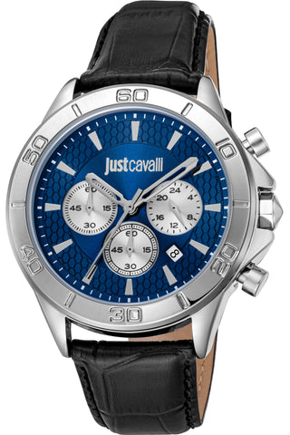 Front view of Just Cavalli Young JC1G261 Chrono JC1G261L0015 Blue Dial Black Leather Mens Watch on white background