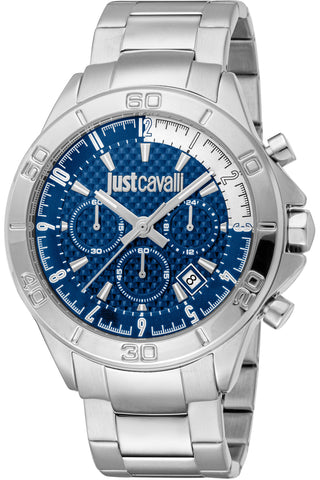 Front view of Just Cavalli Young JC1G261 Lit Chronograph JC1G261M0255 Blue Dial Grey Stainless Steel Mens Watch on white background