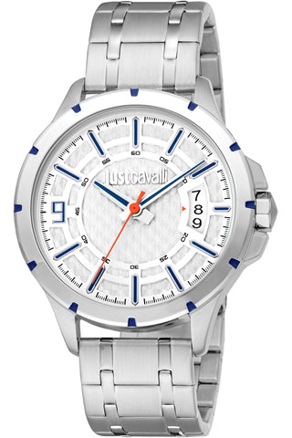 Front view of Just Cavalli Young JC1G283 Maverix JC1G283M0035 Grey Stainless Steel Mens Watch on white background