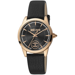 Front view of Just Cavalli Glam Chic JC1L087 Donna affascinante JC1L087L0235 Black Leather Womens Watch on white background