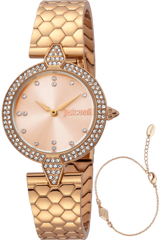 Front view of Just Cavalli SET JC1L159 Nobile Glam JC1L159M0075 Rose Gold Dial Black Leather Womens Watch on white background