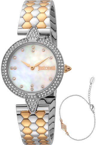 Front view of Just Cavalli SET JC1L159 Nobile Glam JC1L159M0105 Mother Of Pearl Dial Grey Stainless Steel Womens Watch on white background