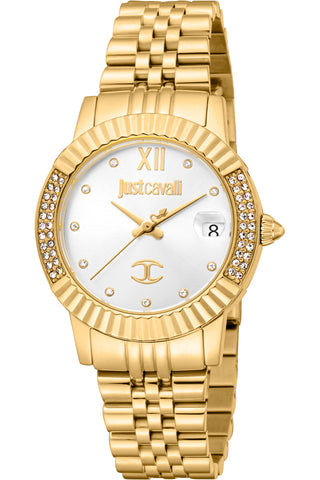 Front view of Just Cavalli Glam Chic JC1L199 Glam JC1L199M0025 Grey Dial Gold Stainless Steel Womens Watch on white background