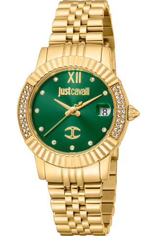 Front view of Just Cavalli Glam Chic JC1L199 Glam JC1L199M0035 Green Dial Gold Stainless Steel Womens Watch on white background