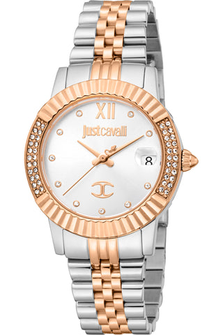 Front view of Just Cavalli Glam Chic JC1L199 Glam JC1L199M0075 Grey Stainless Steel Womens Watch on white background