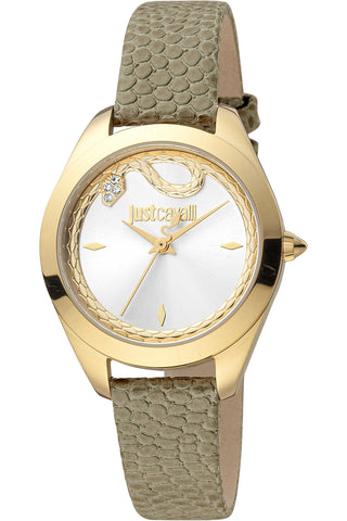 Front view of Just Cavalli Animalier JC1L210 Donna finezza JC1L210L0225 Grey Leather Womens Watch on white background