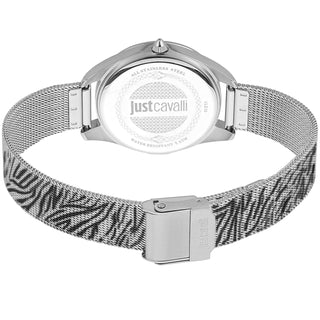 Angle shot of Just Cavalli Animalier JC1L210 Pantera JC1L210M0045 Grey Dial Black Stainless Steel Womens Watch on white background