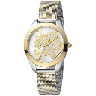 Front view of Just Cavalli Animalier JC1L210 Pantera JC1L210M0065 Gold Dial Grey Stainless Steel Womens Watch on white background