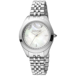 Front view of Just Cavalli Animalier JC1L210 Donna finezza JC1L210M0245 Mother Of Pearl Dial Grey Stainless Steel Womens Watch on white background