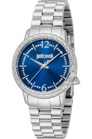 Front view of Just Cavalli Animalier JC1L233 Tenacious JC1L233M0015 Blue Dial Grey Stainless Steel Womens Watch on white background