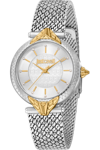 Front view of Just Cavalli Animalier JC1L237 Creazione JC1L237M0085 Grey Stainless Steel Womens Watch on white background