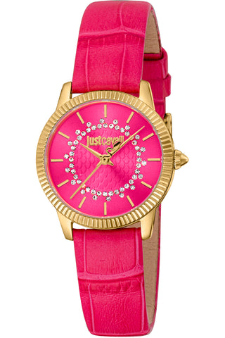 Front view of Just Cavalli Glam Chic JC1L258 Daydreamer JC1L258L0215 Pink Leather Womens Watch on white background