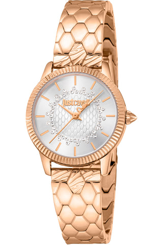 Front view of Just Cavalli Glam Chic JC1L258 Daydreamer JC1L258M0255 Mother Of Pearl Dial Gold Stainless Steel Womens Watch on white background